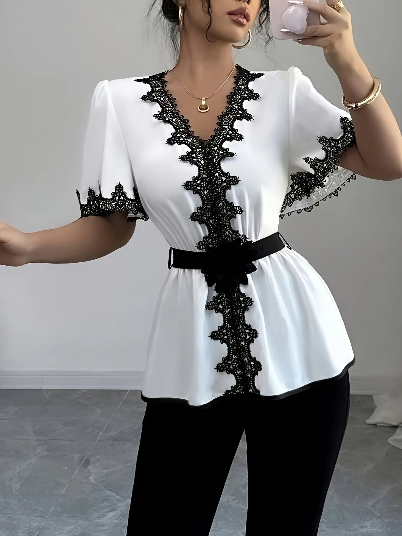Elegant Lace Trim Blouse for Women – Long Sleeve, Lightweight, Stylish Office & Casual Top - TARHUS