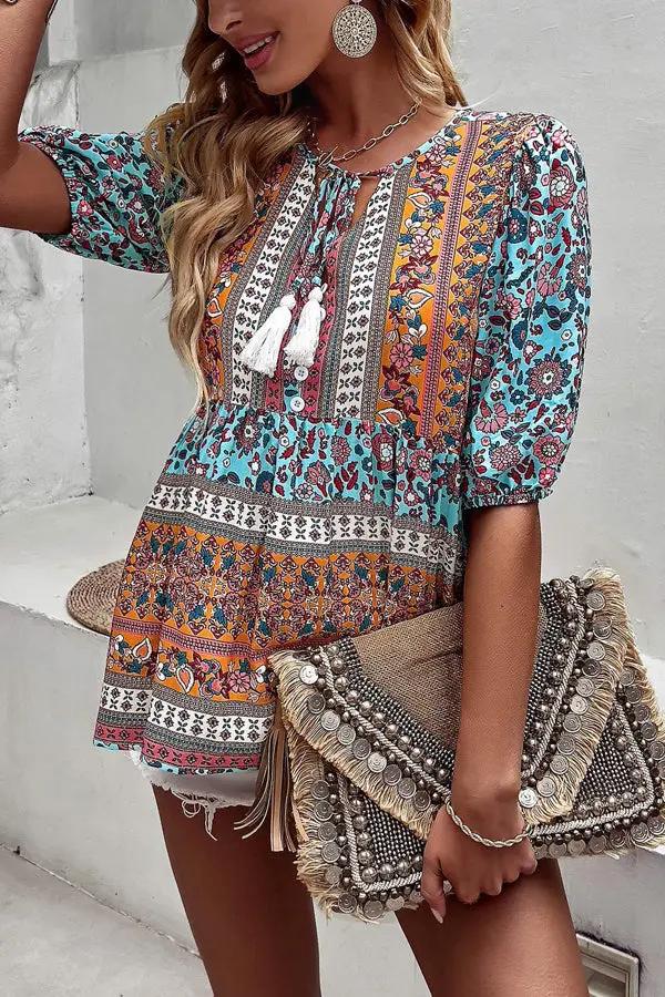 Bohemian Floral Short Sleeve Casual Tops - TARHUS
