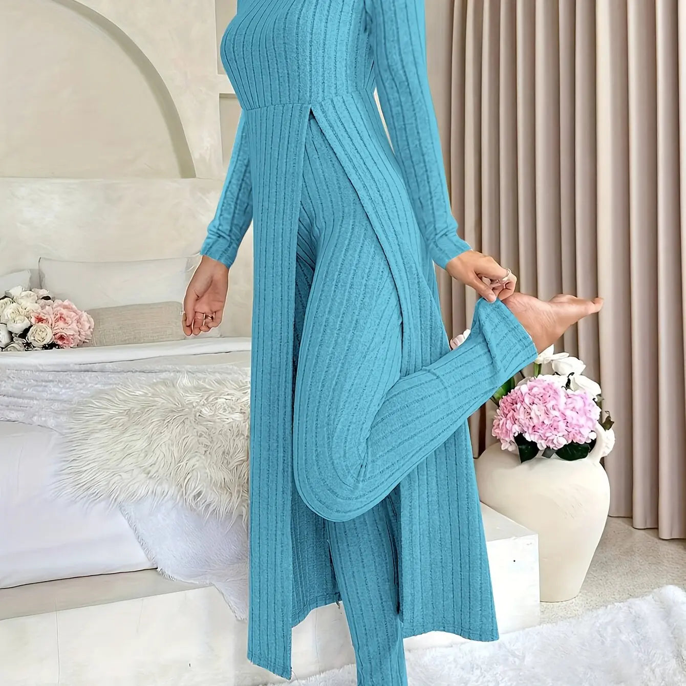 Women's Ribbed Lounge Set – Long Sleeve Top & Pants Two-Piece Outfit - TARHUS