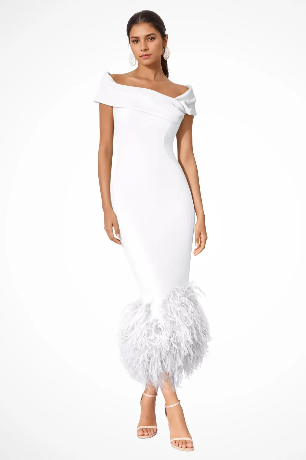 Verity | Women Off Shoulder Fitted Feather Hem Midi Wedding Guest Dress TARHUS Mother of the Bride Dresses