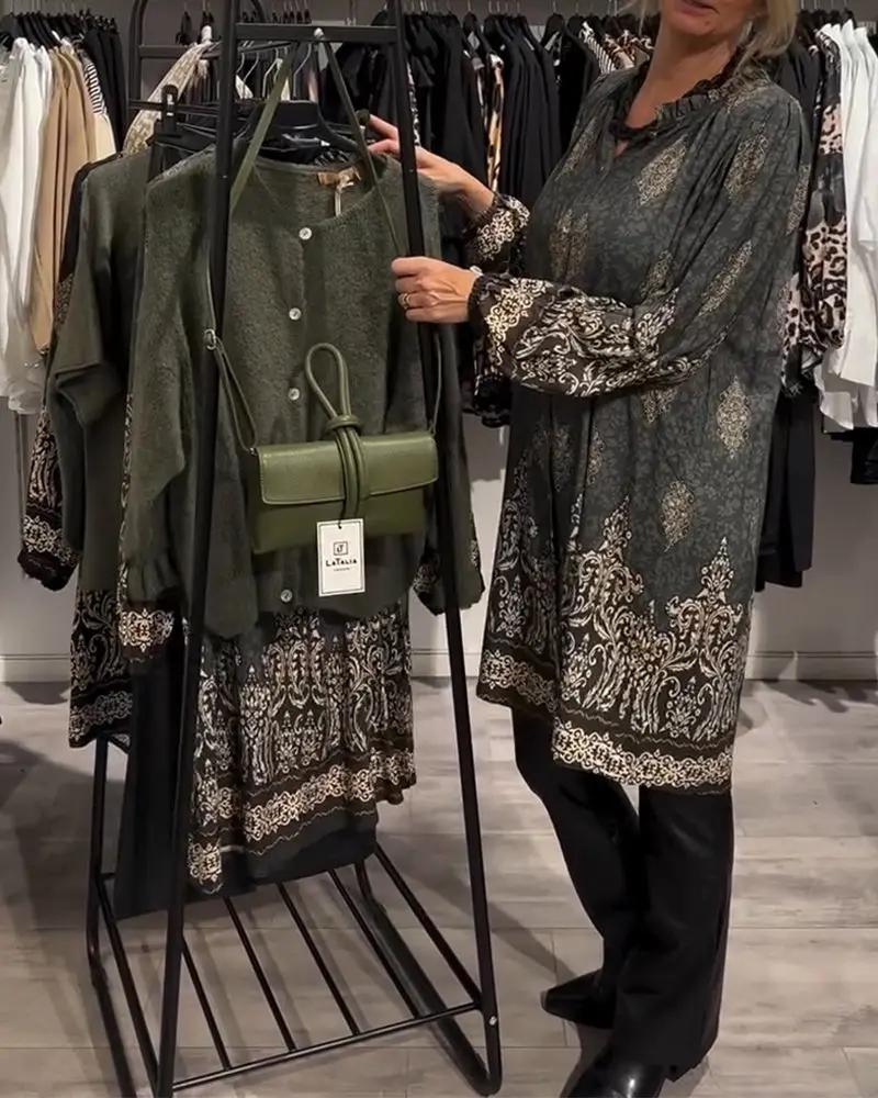 Vintage Print Shirt Dress – Long Lantern Sleeves, Lapel Collar & Button Front TARHUS Dresses