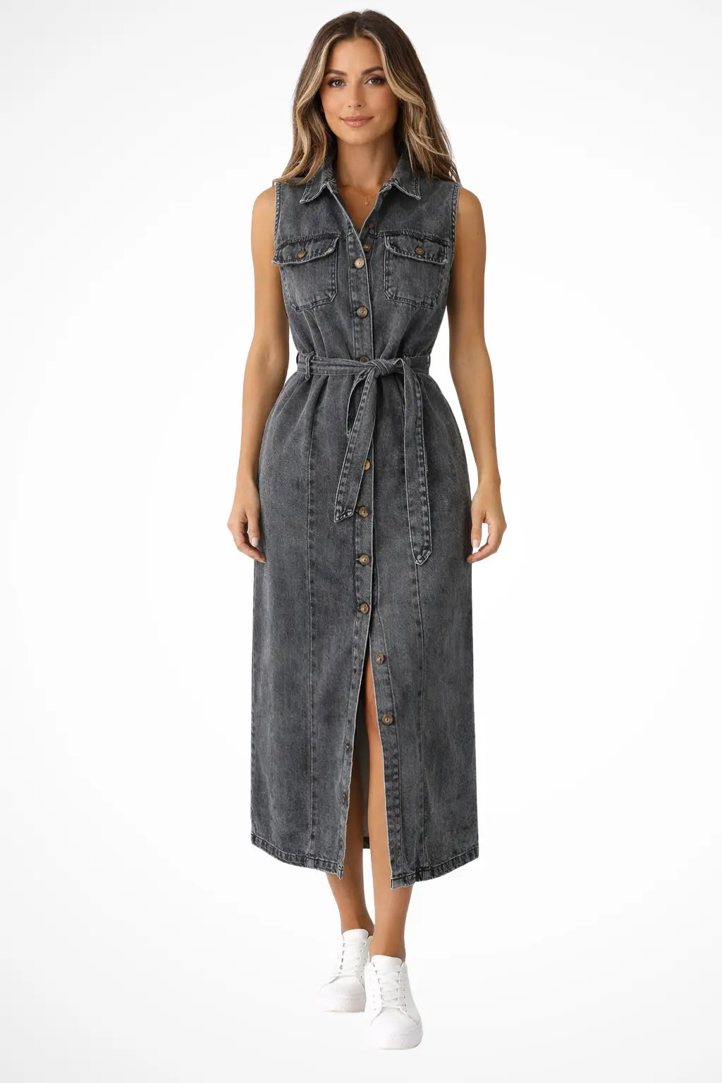 Lottie | Women Sleeveless Belted Button Down Denim Maxi Dress with Split TARHUS