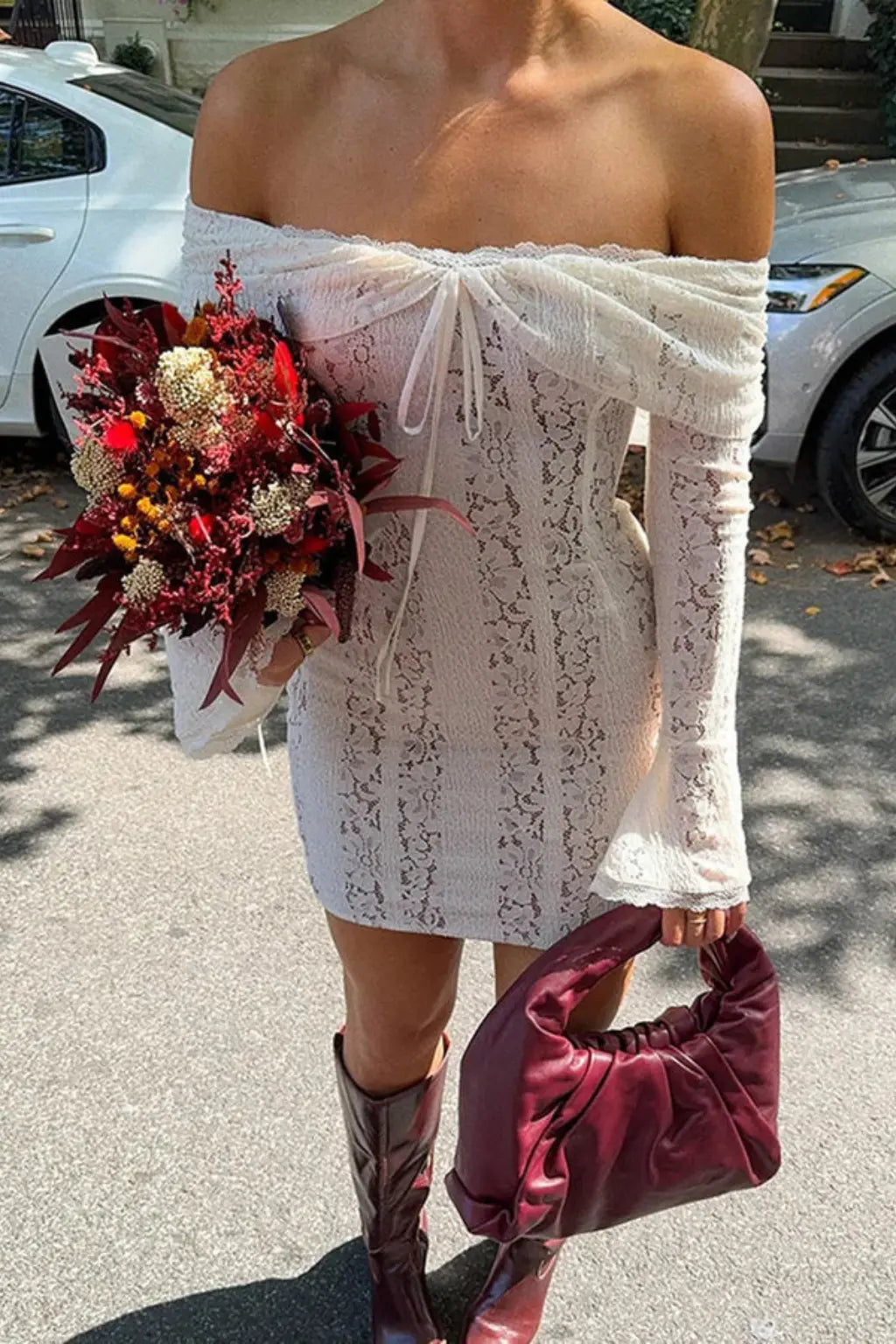Eli | Women Off Shoulder Lace Long Sleeve Wedding Guest Mini Dress TARHUS Mini Dresses