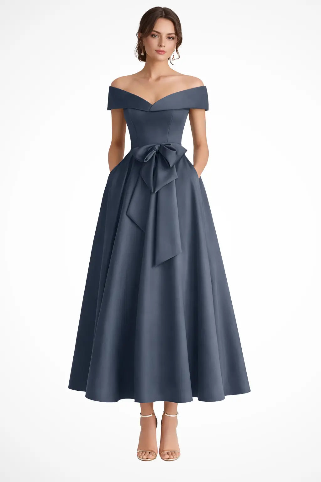 Arabella | Women Off Shoulder Bow Waist A Line Midi Wedding Guest Dress TARHUS Mother of the Bride Dresses