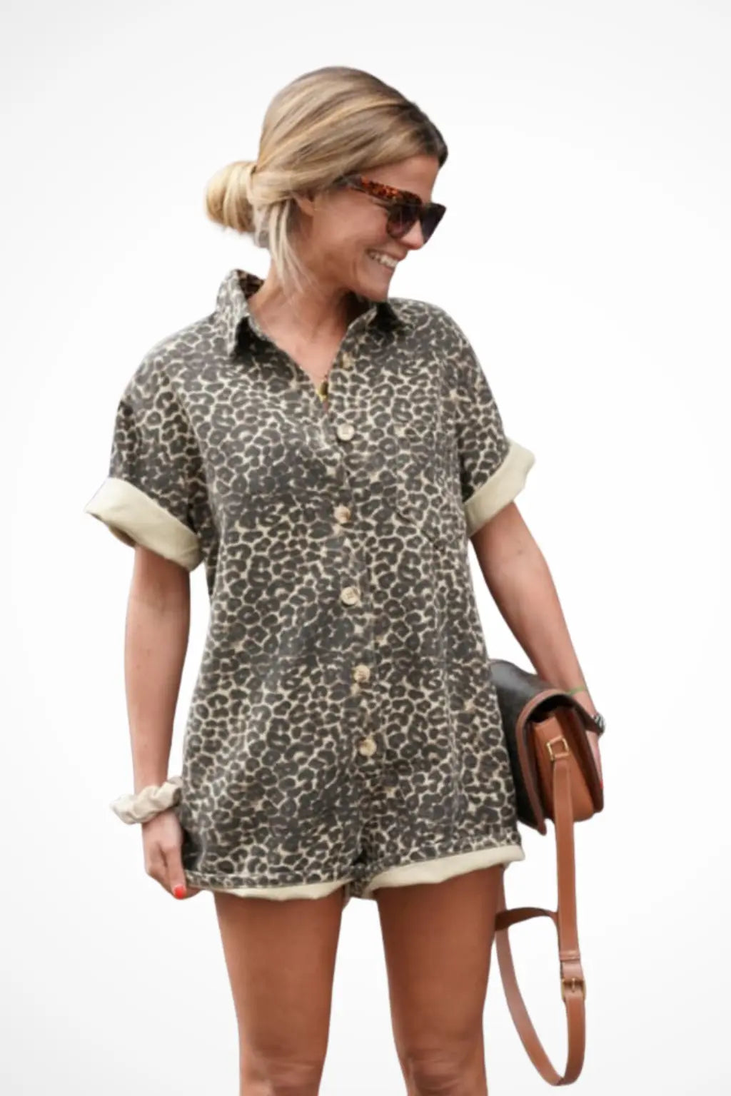 Zaria | Women’s Spring Cheeatah Print Mini Romper with Button Front TARHUS Jumpsuits