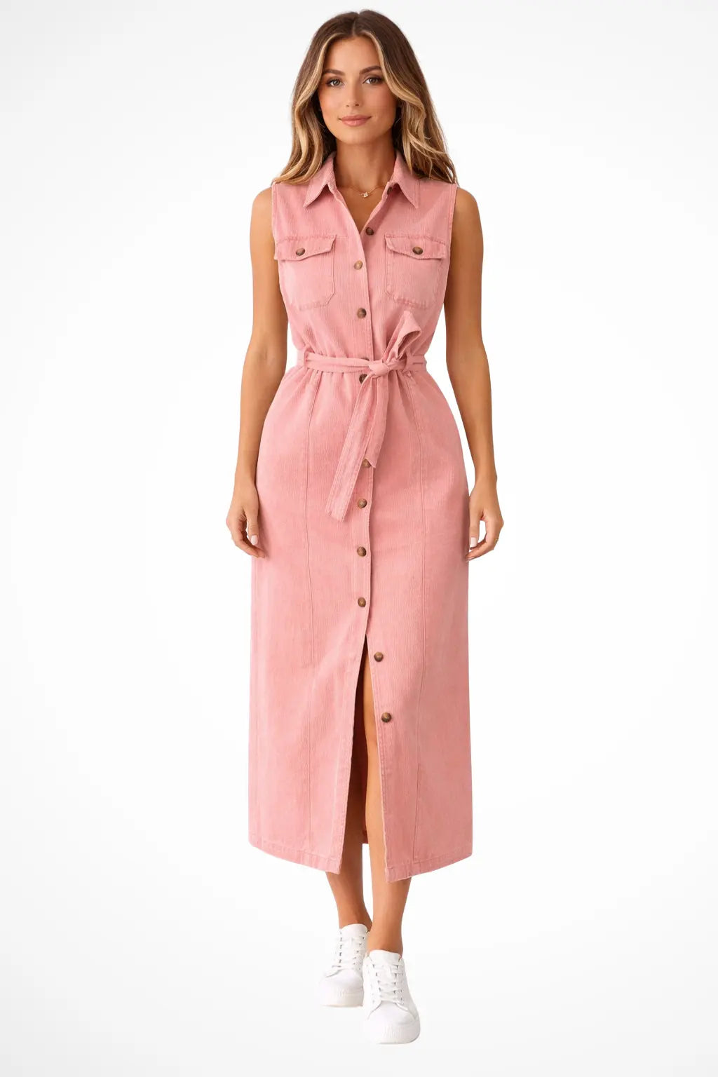 Lottie | Women Sleeveless Belted Button Down Denim Maxi Dress with Split TARHUS