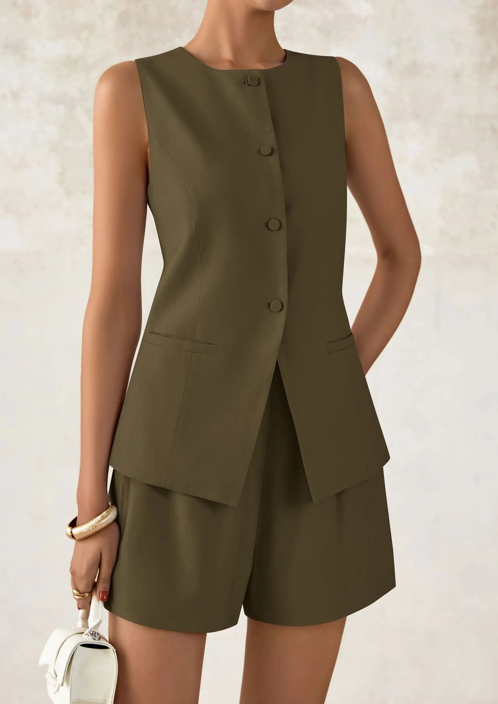 Casual Trendy Button Down Vest Tops High Waisted Shorts Business Two Piece Sets - TARHUS