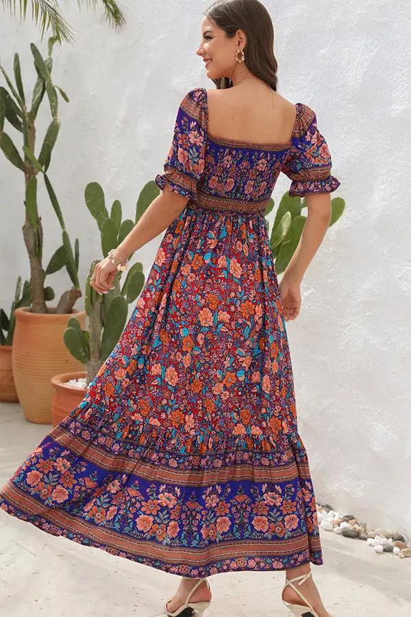Bohemia Printed Smocked Short Sleeve Maxi Dress - TARHUS