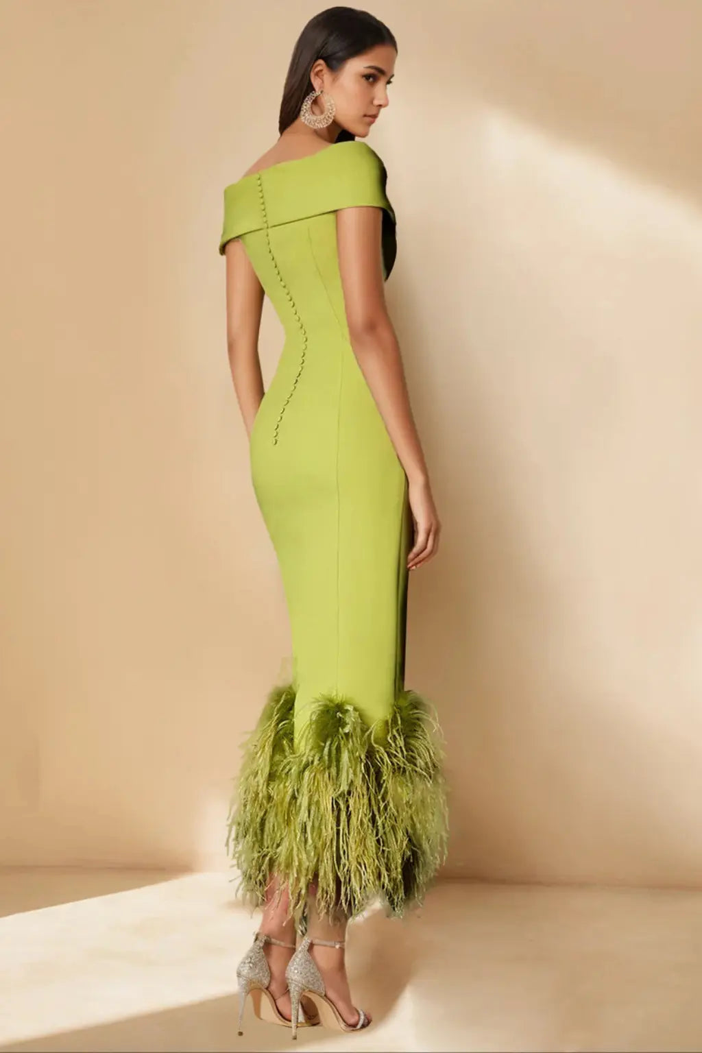 Verity | Women Off Shoulder Fitted Feather Hem Midi Wedding Guest Dress TARHUS Mother of the Bride Dresses