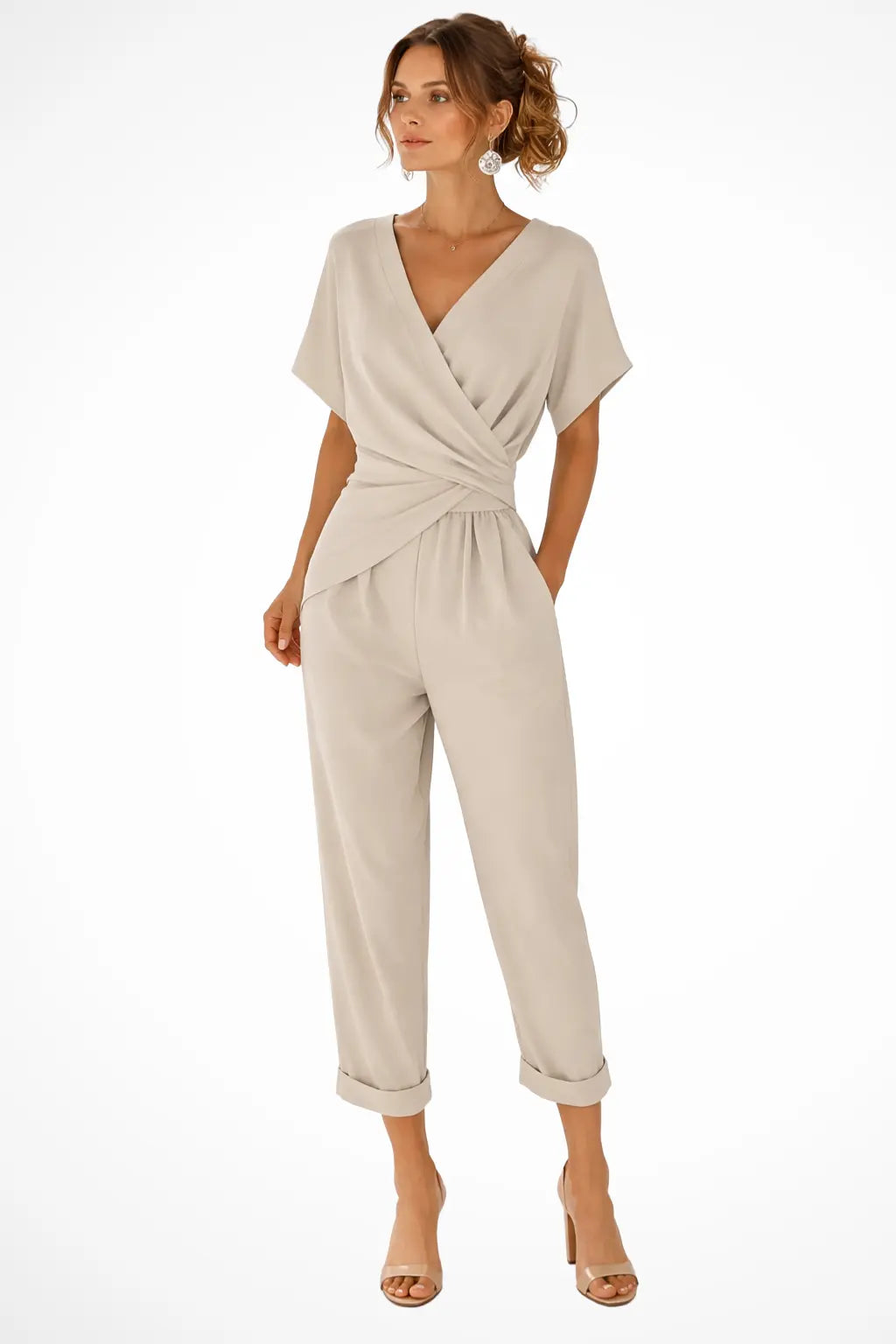 Celeste | Women Wrap Front Short Sleeve Cropped Jumpsuit with Pockets TARHUS Kleider & Jumpsuits