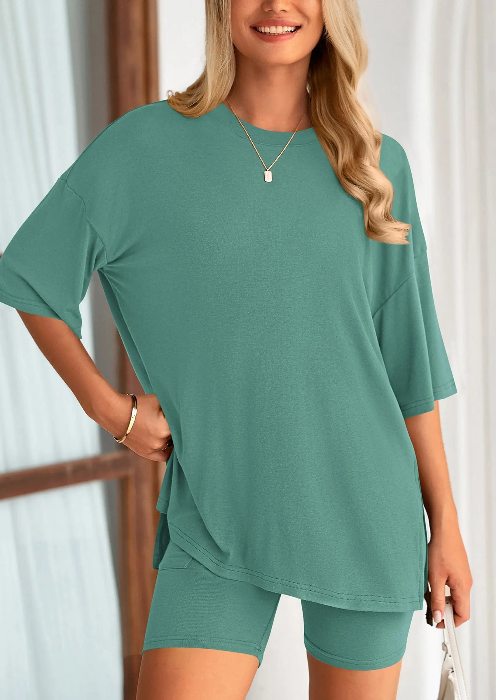 Casual Short Sleeved Round Neck Top Paired With Shorts Two-Piece Set - TARHUS