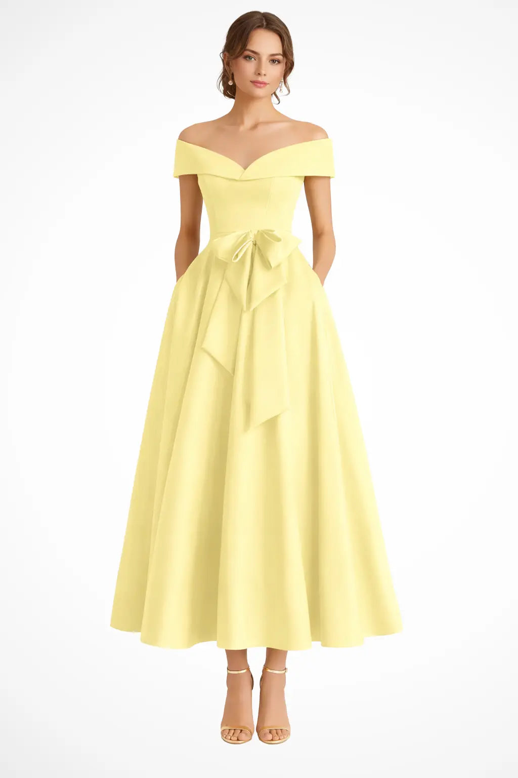 Arabella | Women Off Shoulder Bow Waist A Line Midi Wedding Guest Dress TARHUS Mother of the Bride Dresses