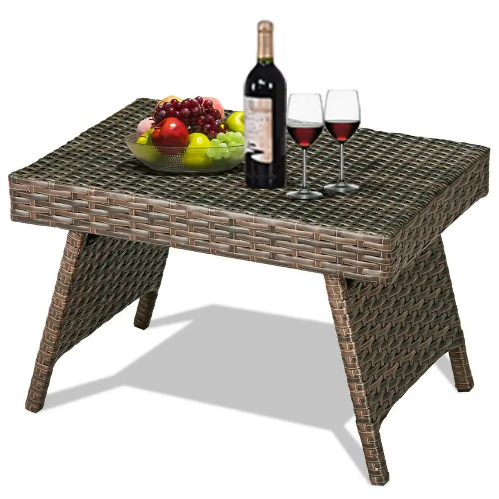 Foldable Rattan Wicker Side Table – Weatherproof Indoor/Outdoor Table - TARHUS