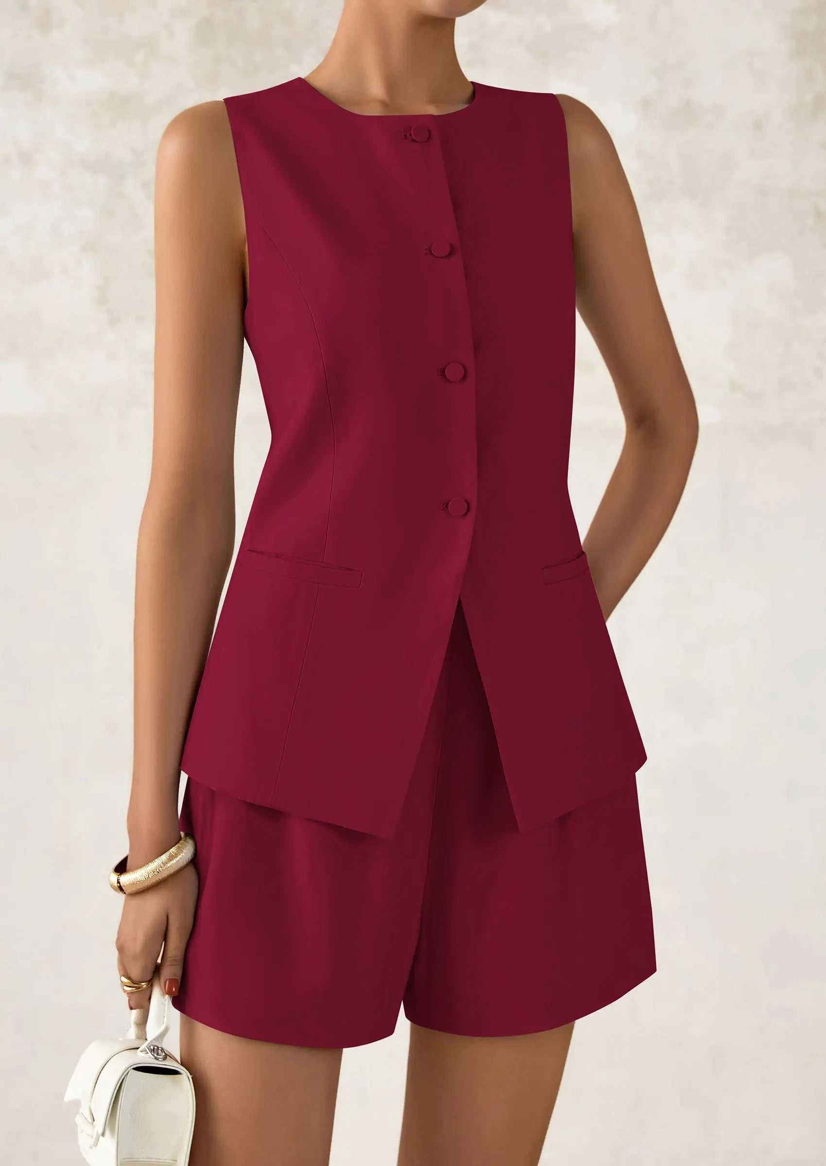 Casual Trendy Button Down Vest Tops High Waisted Shorts Business Two Piece Sets - TARHUS