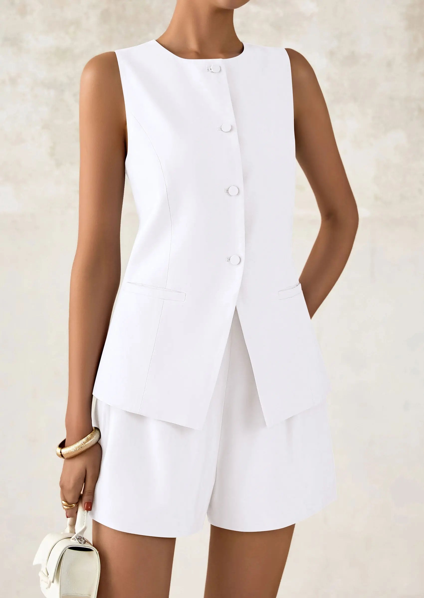 Casual Trendy Button Down Vest Tops High Waisted Shorts Business Two Piece Sets - TARHUS