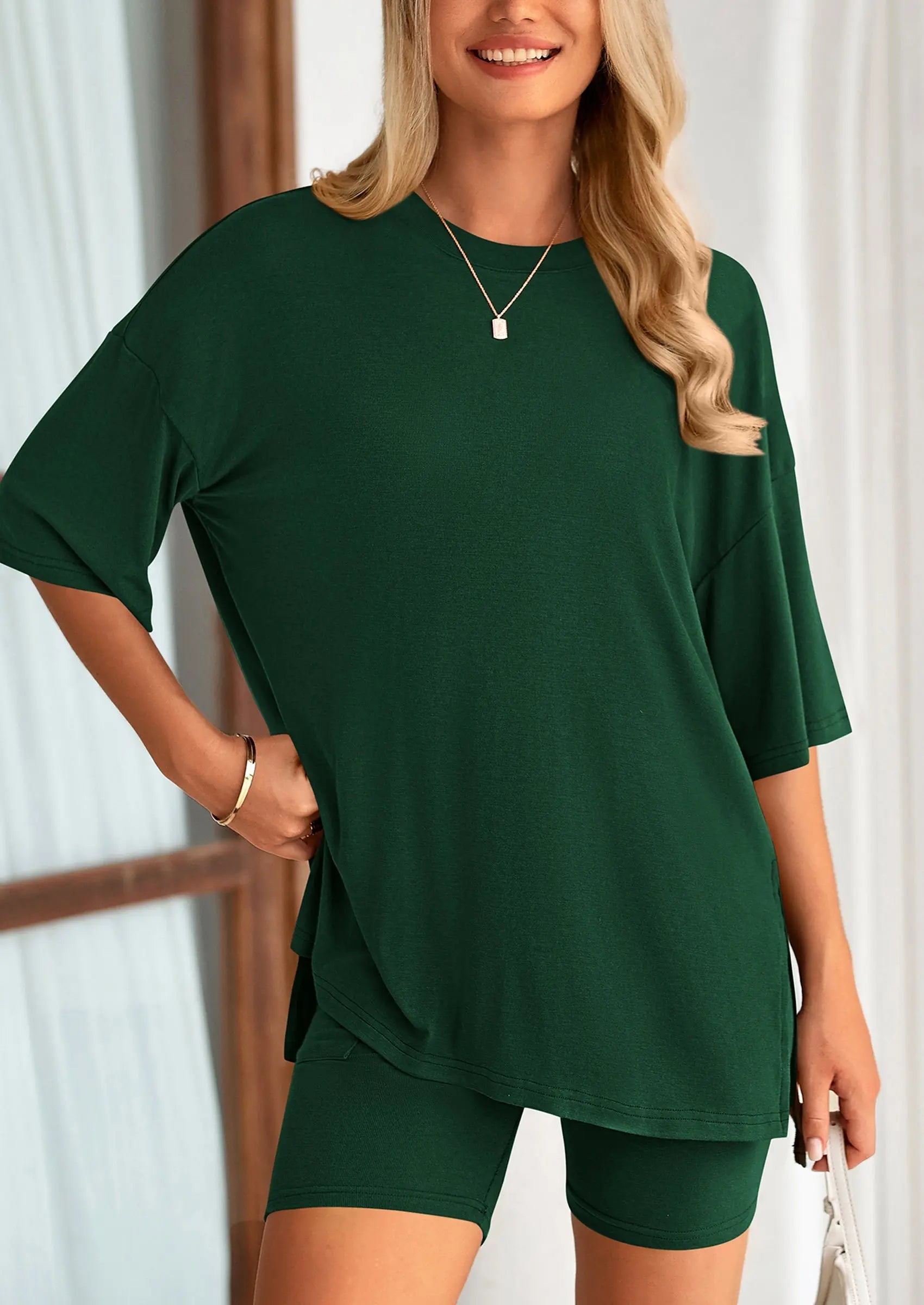 Casual Short Sleeved Round Neck Top Paired With Shorts Two-Piece Set - TARHUS