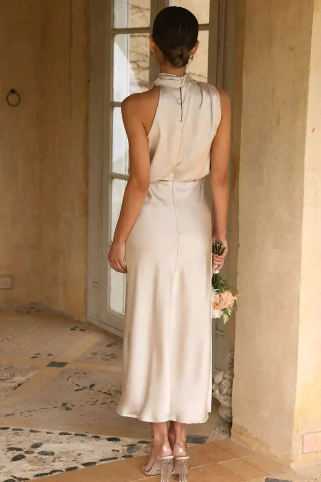 Amelina | Women Halter Neck Midi Dress Satin Wedding Guest Dress TARHUS
