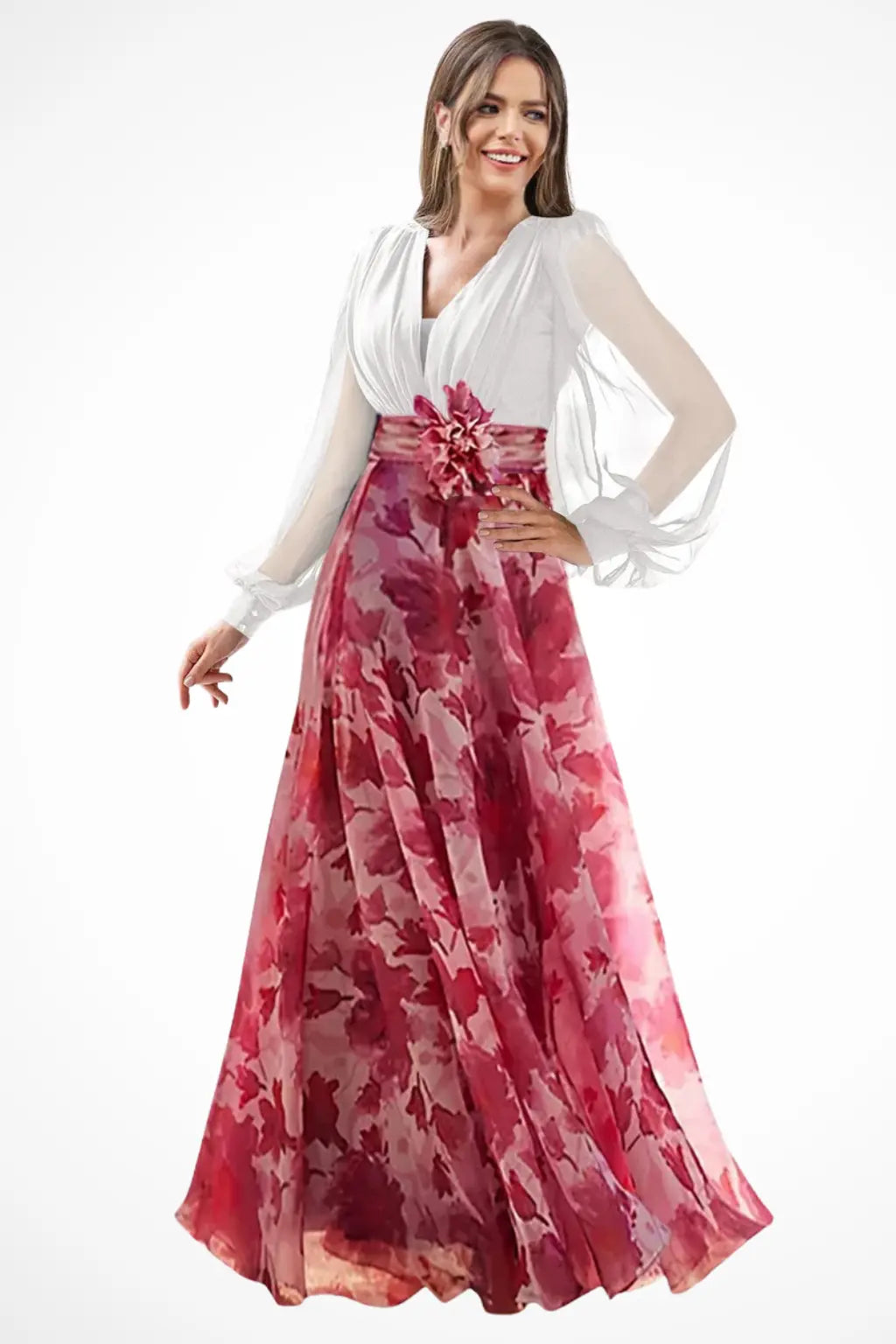 Valentina | Women V Neck Balloon Sleeve Floral Print Maxi Wedding Guest Dress TARHUS Mother of the Bride Dresses