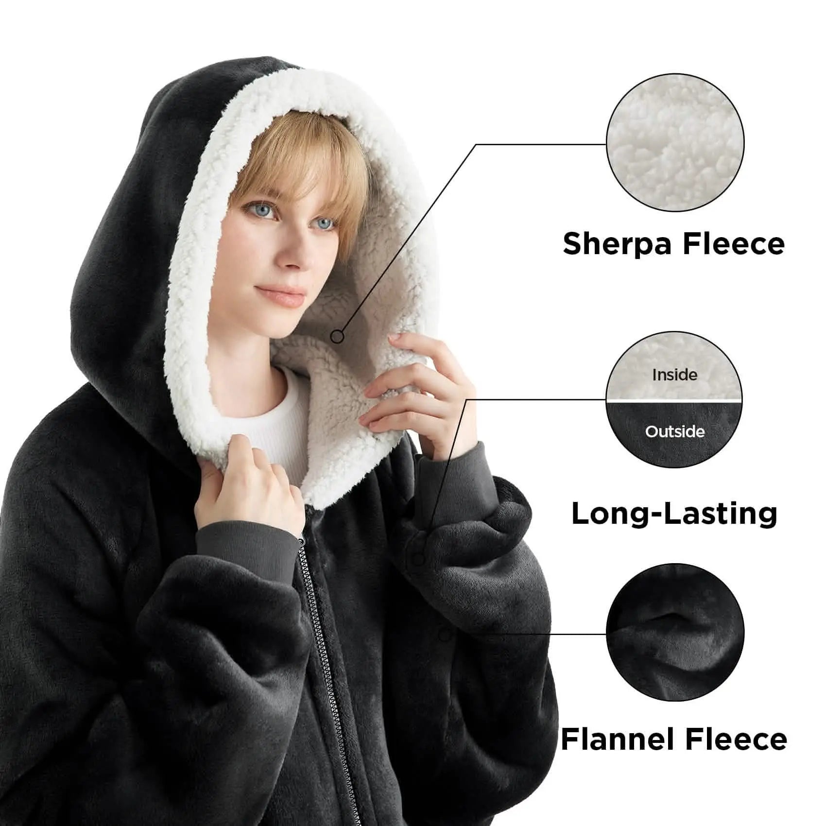 Sherpa Fleece Zippered Short Wearable Blanket Hoodie - TARHUS