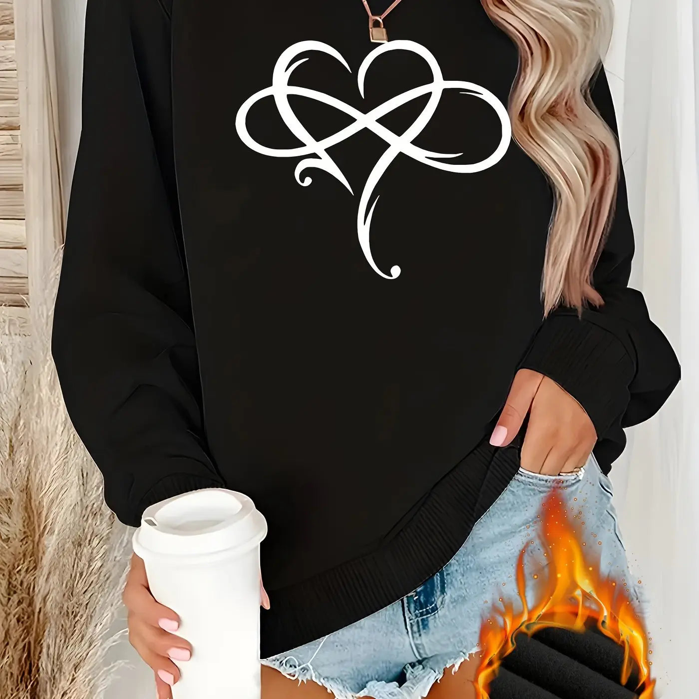 Women’s Fleece-Lined Heart Sweatshirt – Soft Crewneck Pullover for Lounging & All-Season Comfort - TARHUS