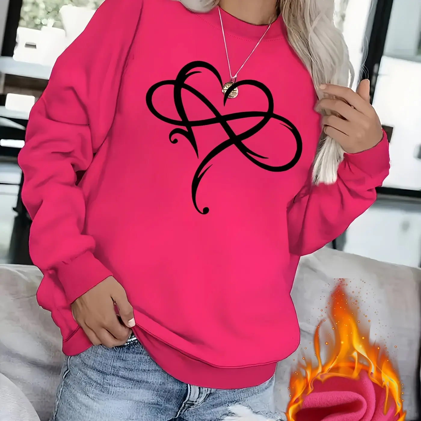 Women’s Fleece-Lined Heart Sweatshirt – Soft Crewneck Pullover for Lounging & All-Season Comfort - TARHUS