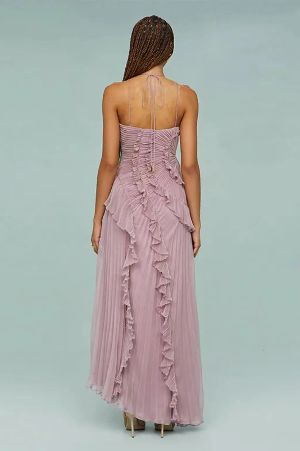 Imogen | Women’s Sleeveless Halter Backless Ruffled Maxi Summer Wedding Guest Dress TARHUS