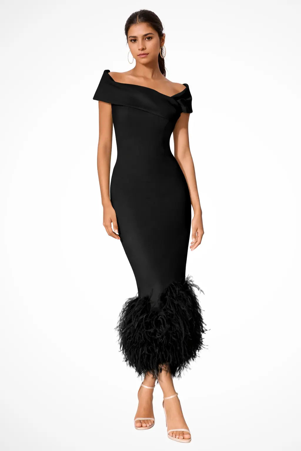 Verity | Women Off Shoulder Fitted Feather Hem Midi Wedding Guest Dress TARHUS Mother of the Bride Dresses