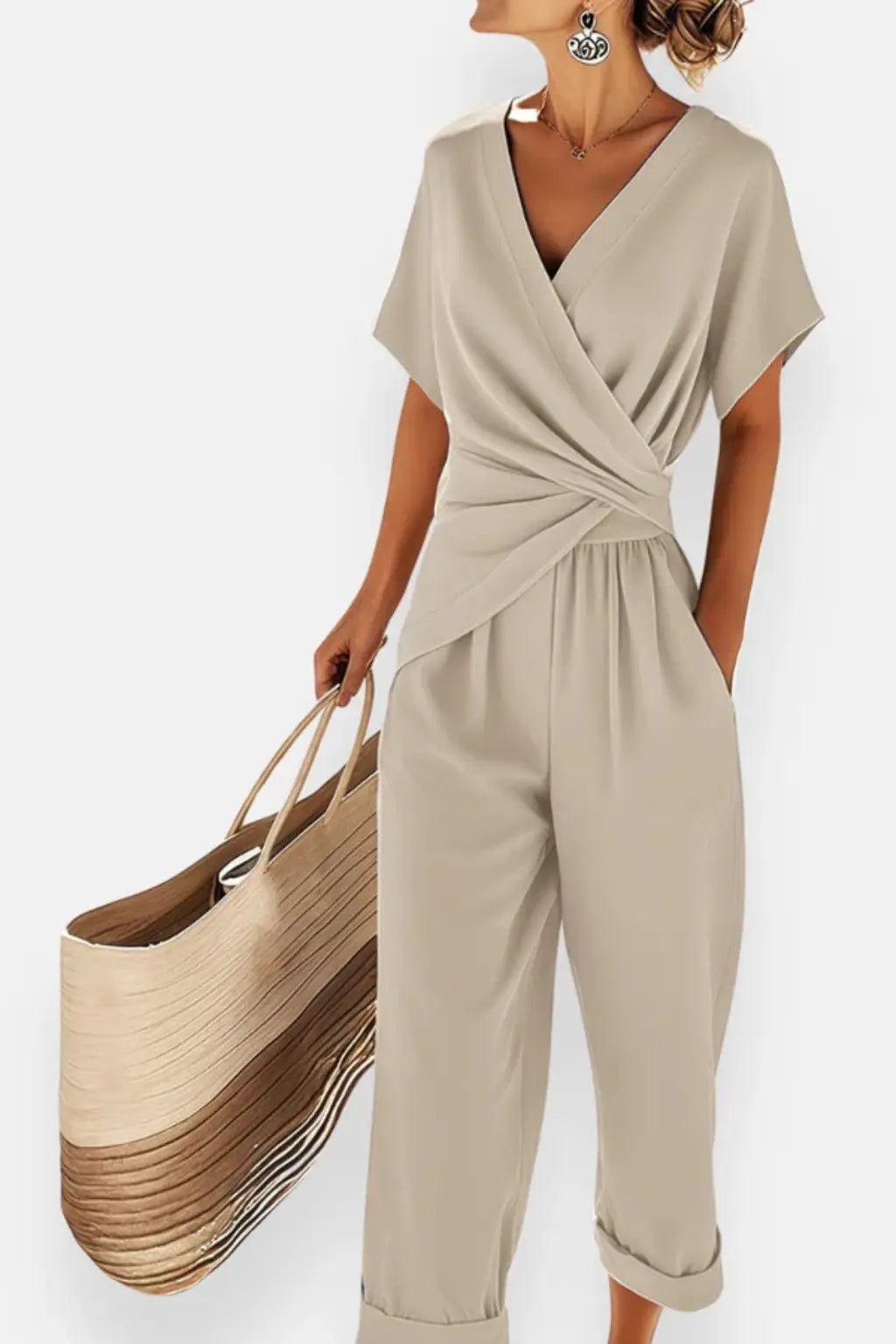 Celeste | Women Wrap Front Short Sleeve Cropped Jumpsuit with Pockets TARHUS Kleider & Jumpsuits