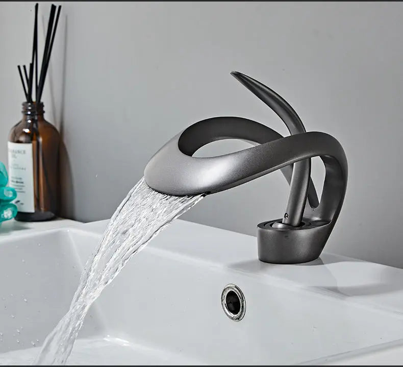 Creative Hollow Design Solid Brass Waterfall Faucet In Gunmetal Grey - TARHUS