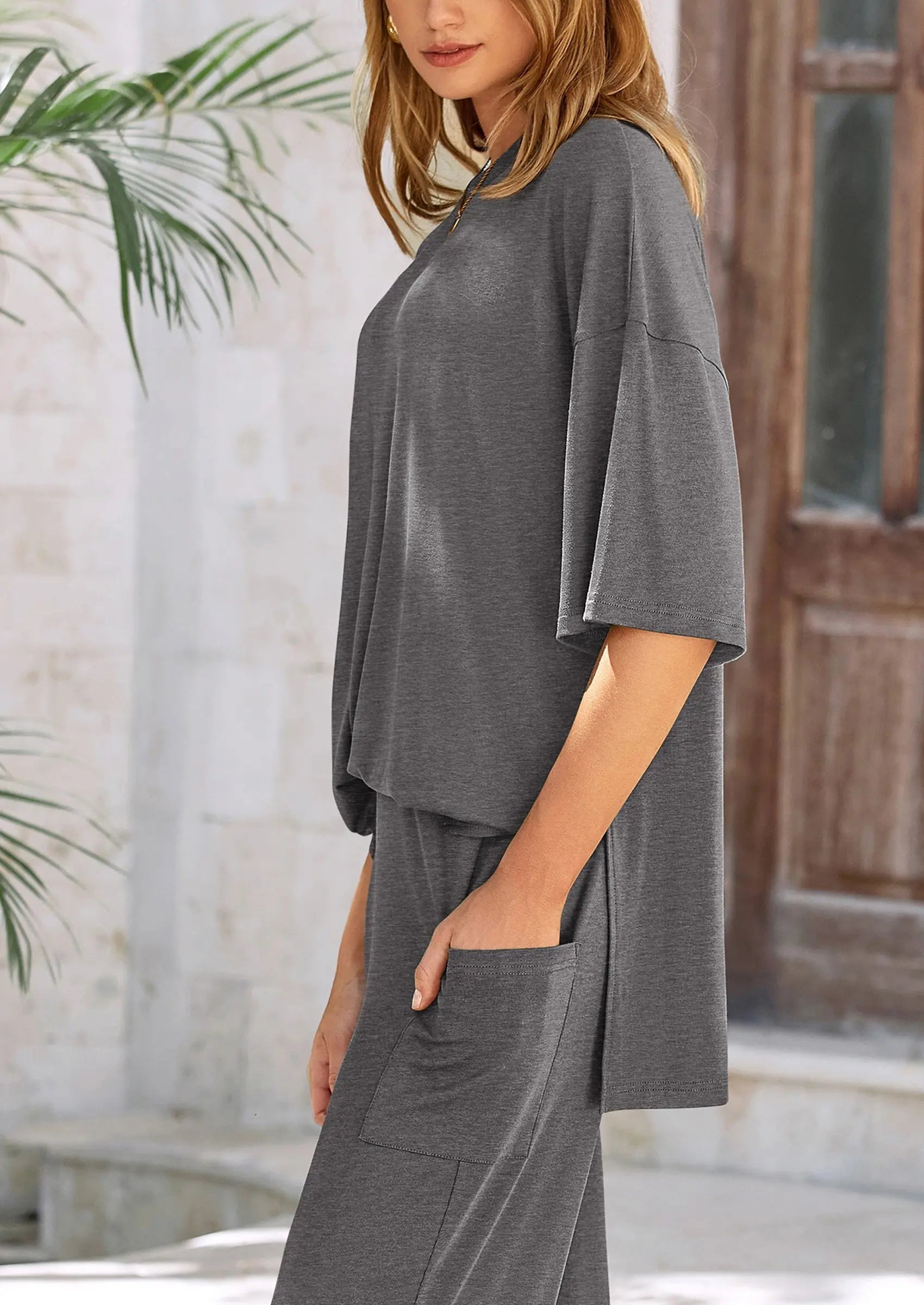 Casual Slit Short Sleeved Top, Loose Wide Leg Pants Two-Piece Set - TARHUS