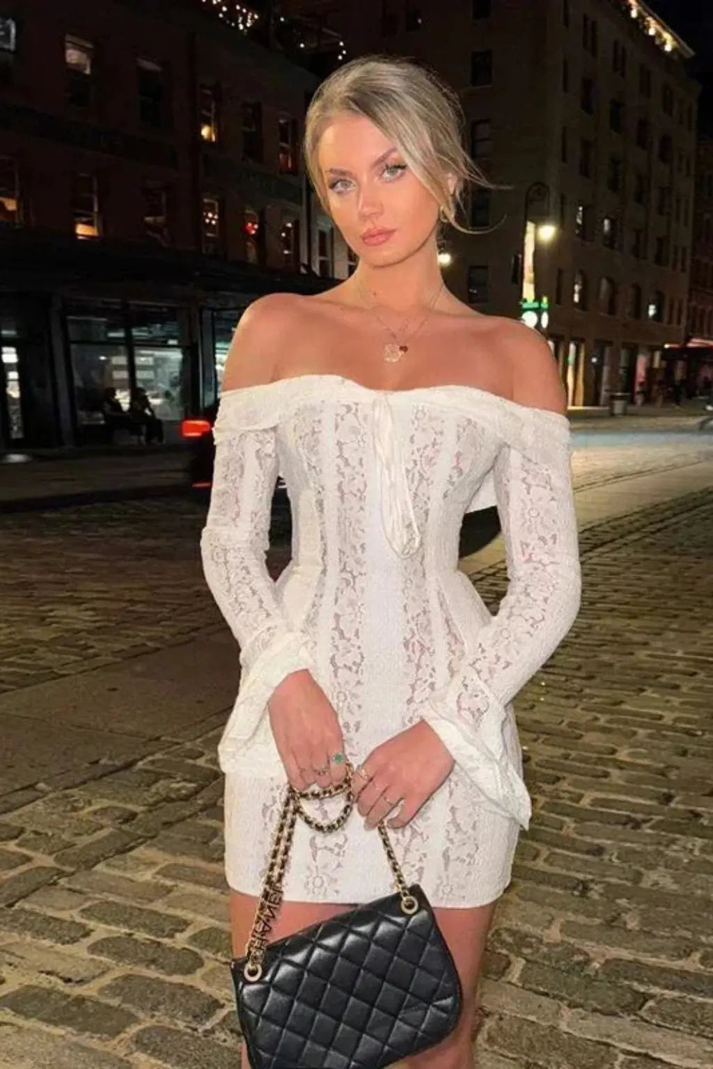 Eli | Women Off Shoulder Lace Long Sleeve Wedding Guest Mini Dress TARHUS Mini Dresses