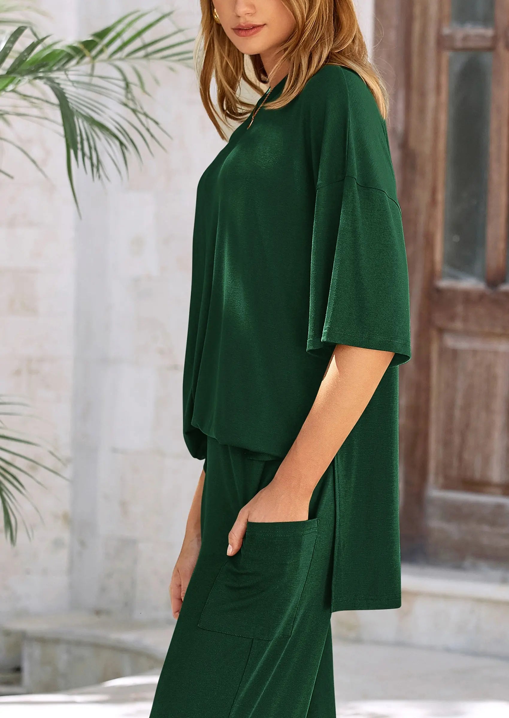 Casual Slit Short Sleeved Top, Loose Wide Leg Pants Two-Piece Set - TARHUS