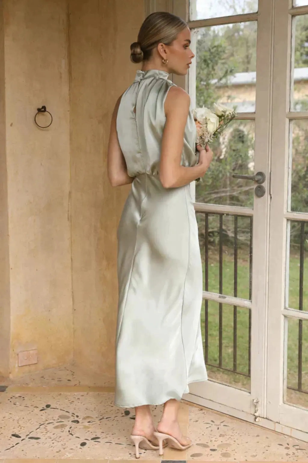 Amelina | Women Halter Neck Midi Dress Satin Wedding Guest Dress TARHUS