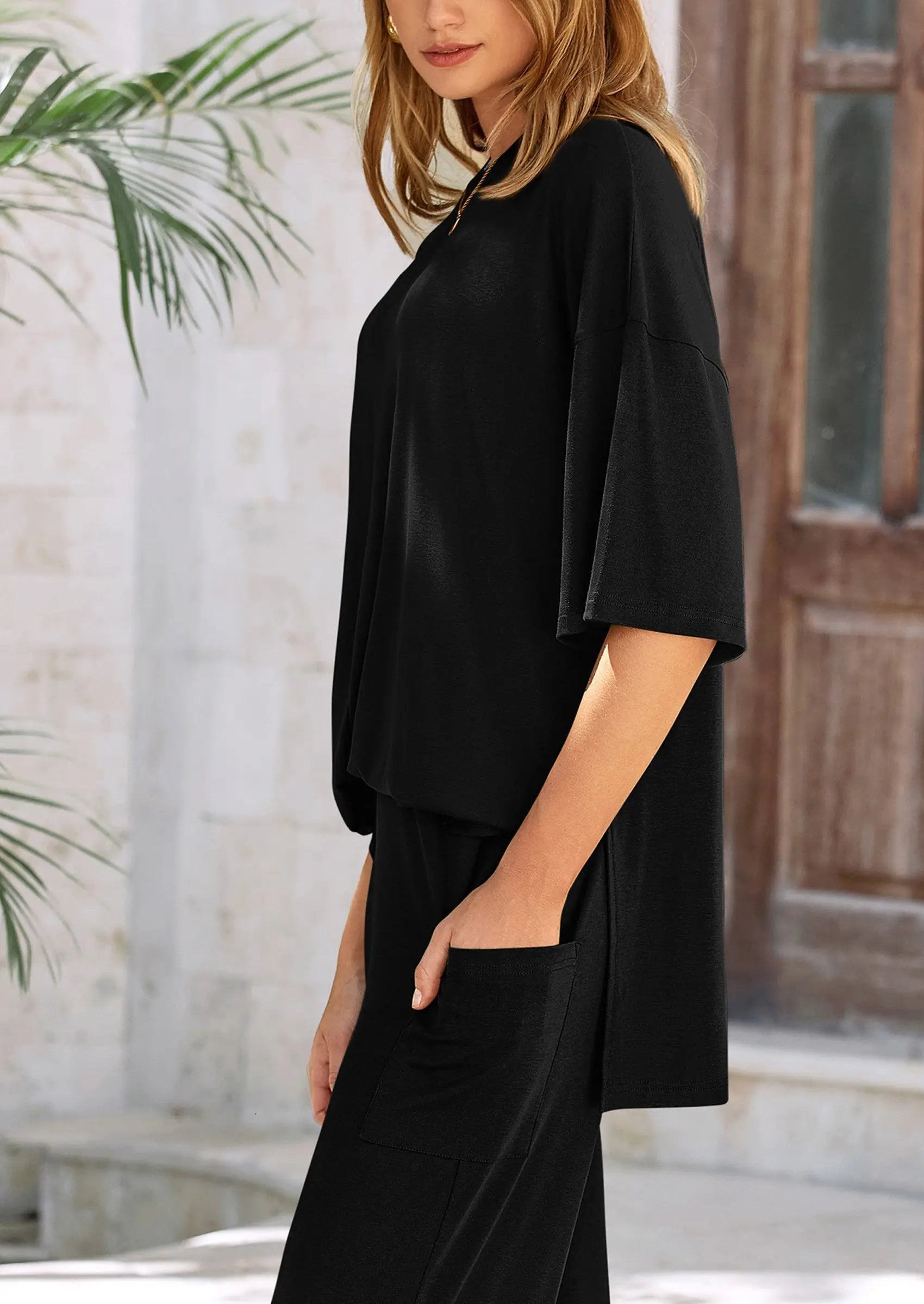 Casual Slit Short Sleeved Top, Loose Wide Leg Pants Two-Piece Set - TARHUS