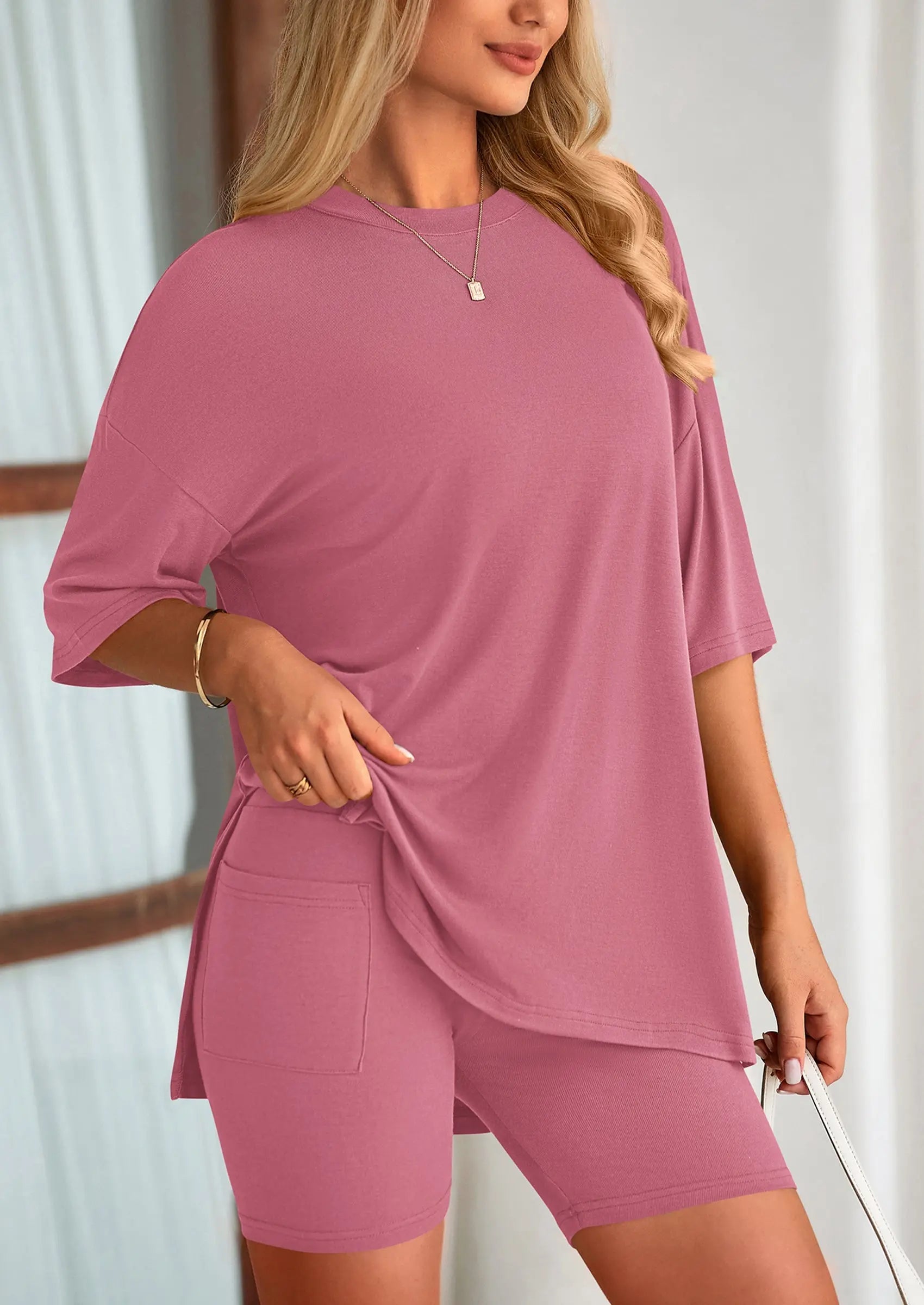 Casual Short Sleeved Round Neck Top Paired With Shorts Two-Piece Set - TARHUS