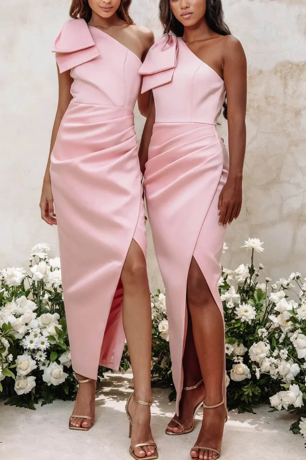 Seraphina | Women One Shoulder Bow Wrap Front Asymmetric Pink Wedding Guest Dress TARHUS Bridesmaid Dresses