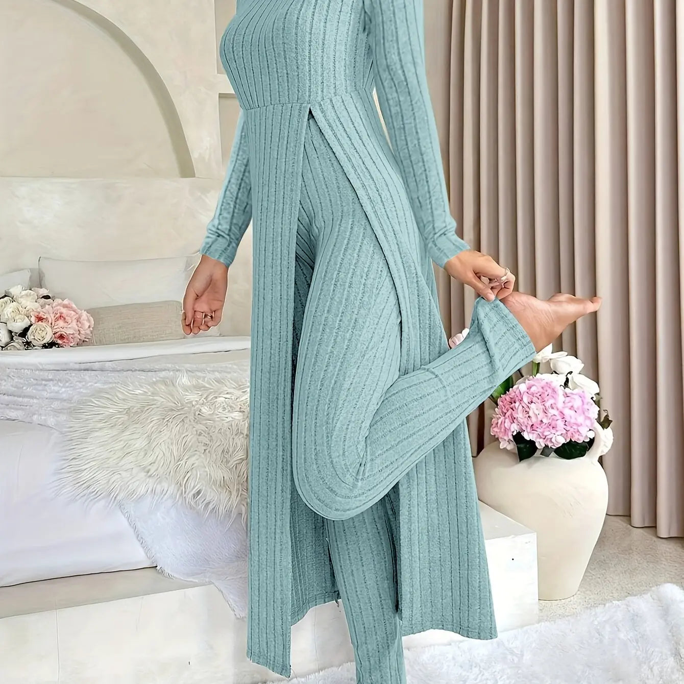Women's Ribbed Lounge Set – Long Sleeve Top & Pants Two-Piece Outfit - TARHUS