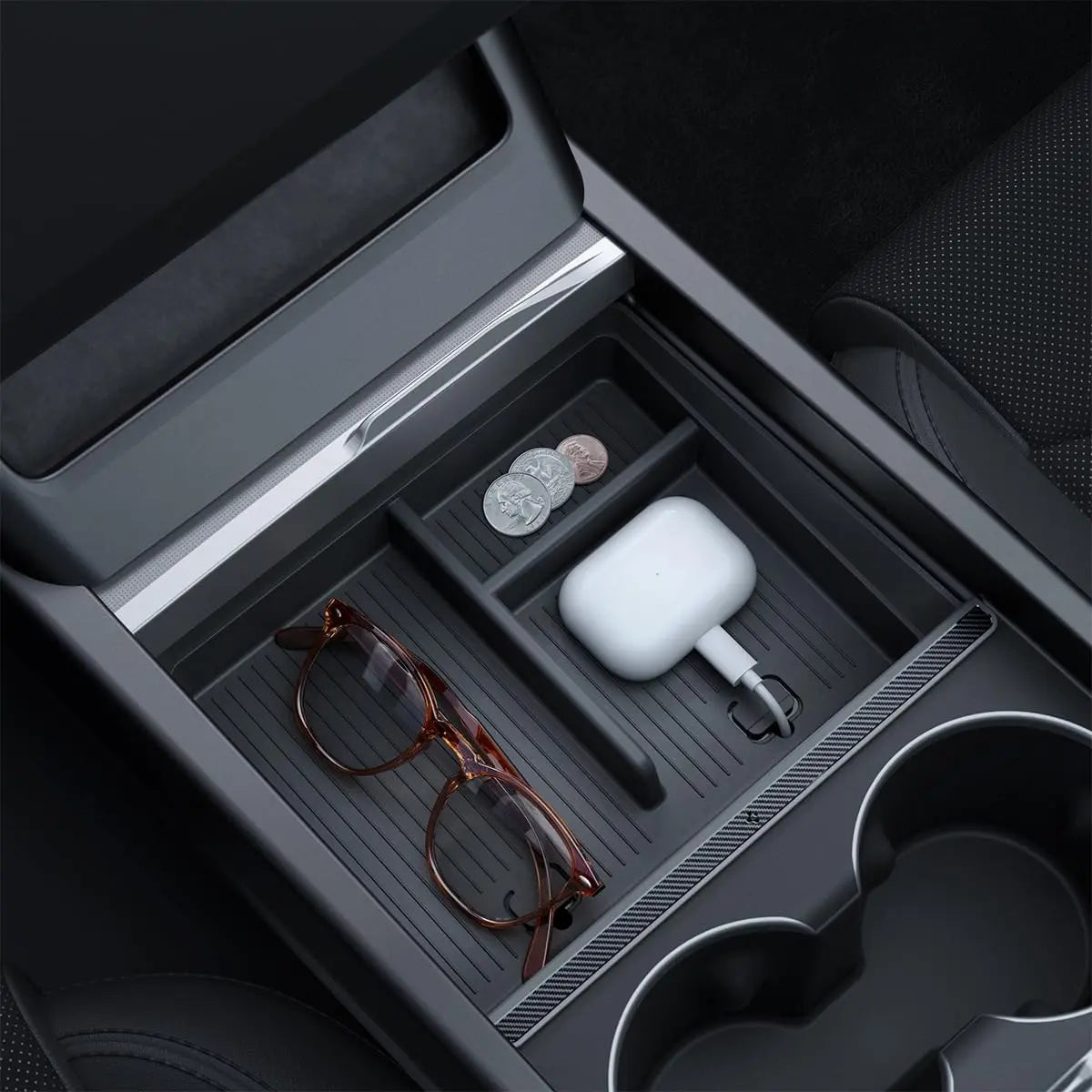 Spigen One-Tap Hidden Storage Box – Carbon Edition Console Organizer for Tesla Model Y (2025/2026 Juniper) & Model 3 (2024/2025 Highland) - TARHUS