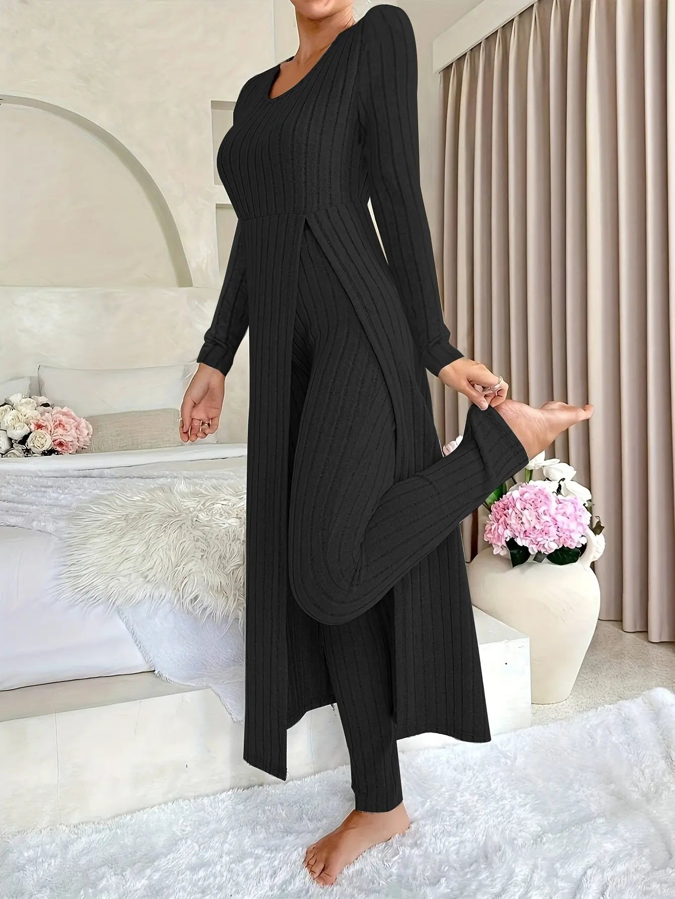 Women's Ribbed Lounge Set – Long Sleeve Top & Pants Two-Piece Outfit - TARHUS