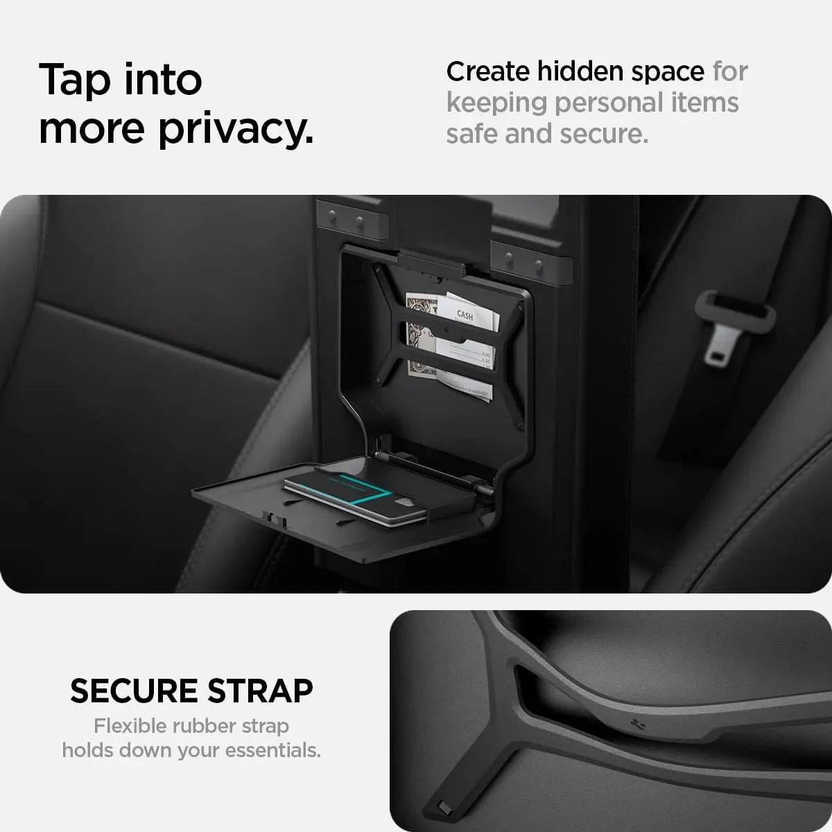 Spigen One-Tap Hidden Storage Box – Carbon Edition Console Organizer for Tesla Model Y (2025/2026 Juniper) & Model 3 (2024/2025 Highland) - TARHUS