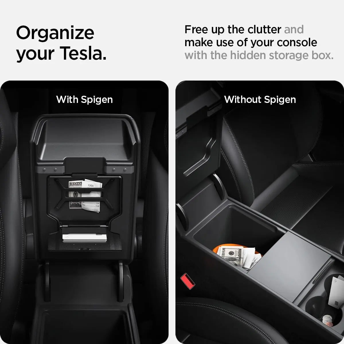 Spigen One-Tap Hidden Storage Box – Carbon Edition Console Organizer for Tesla Model Y (2025/2026 Juniper) & Model 3 (2024/2025 Highland) - TARHUS