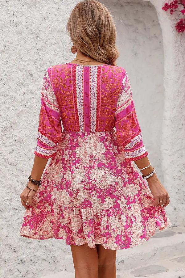 Bohemia Print V Neck Casual Mini Dress - TARHUS