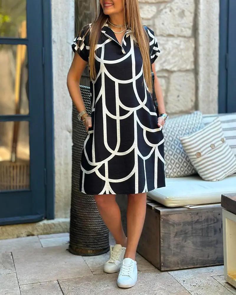 Chic Printed Midi Shirt Dress – Collared Short Sleeve Summer Dress - TARHUS