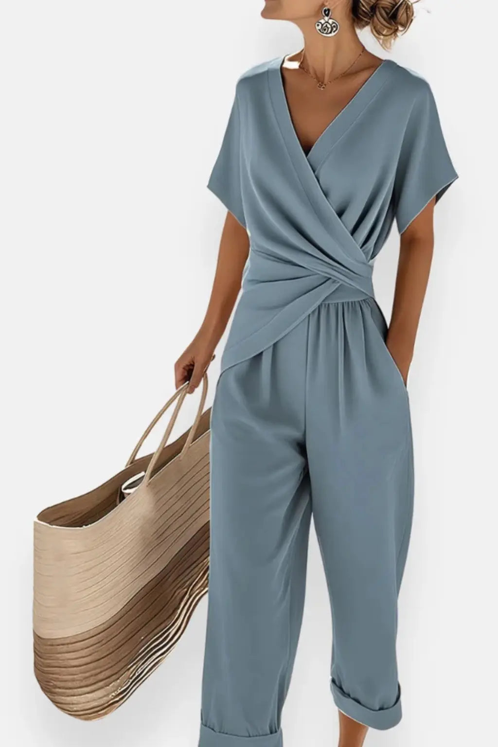 Celeste | Women Wrap Front Short Sleeve Cropped Jumpsuit with Pockets TARHUS Kleider & Jumpsuits
