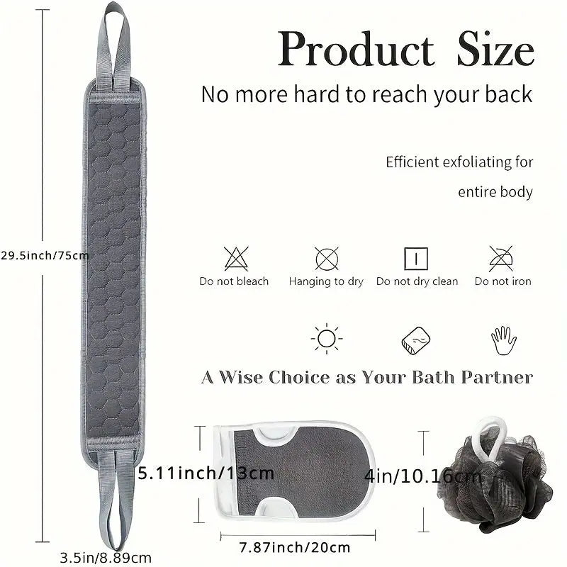 3-in-1 Exfoliating Shower Kit – Back Scrubber, Body Glove & Shower Pouf - TARHUS