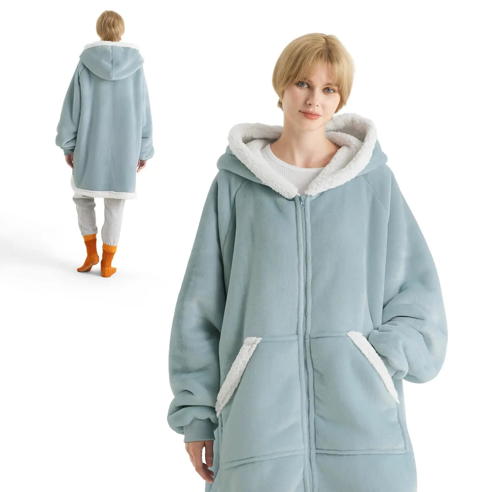 Sherpa Fleece Zippered Short Wearable Blanket Hoodie - TARHUS