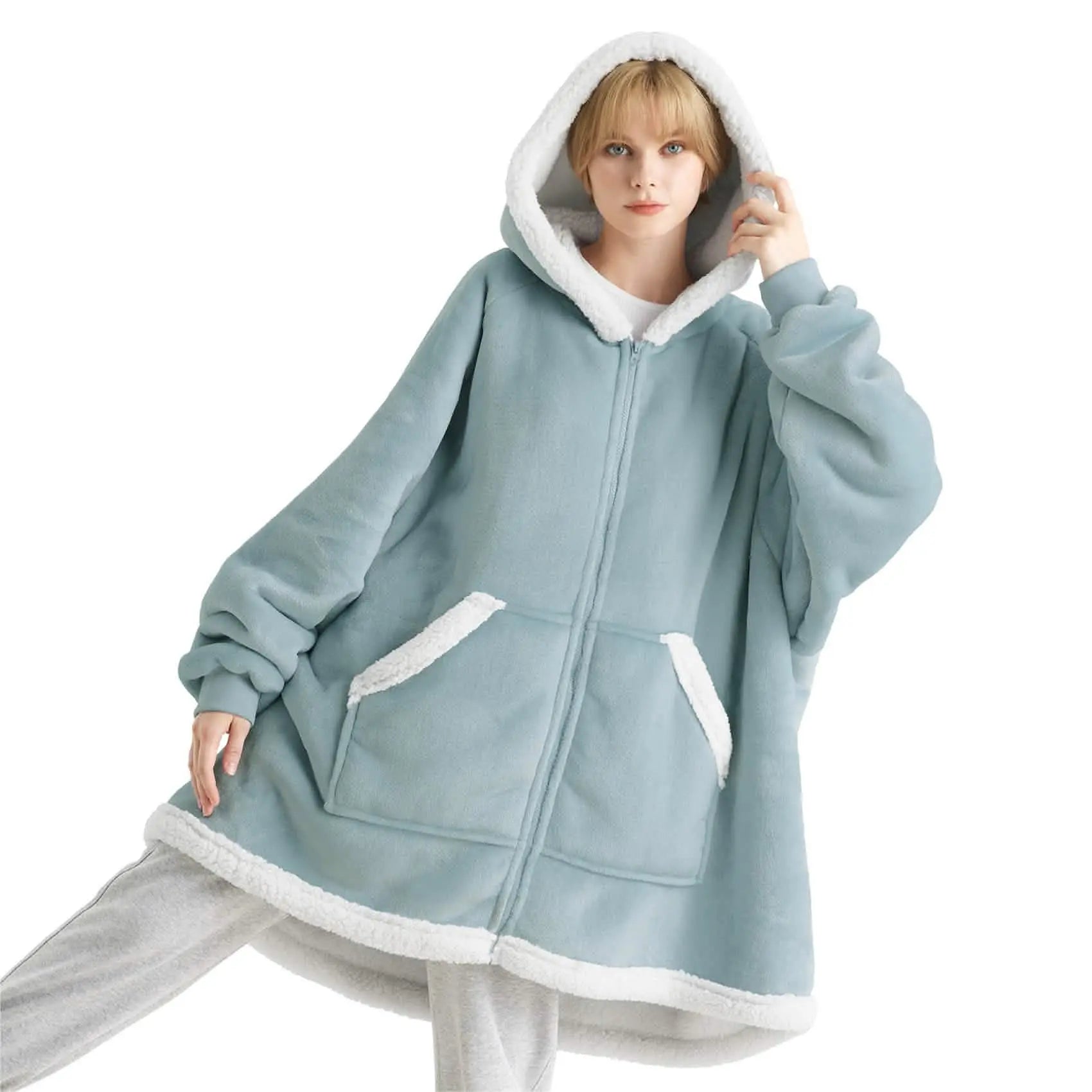 Sherpa Fleece Zippered Short Wearable Blanket Hoodie - TARHUS