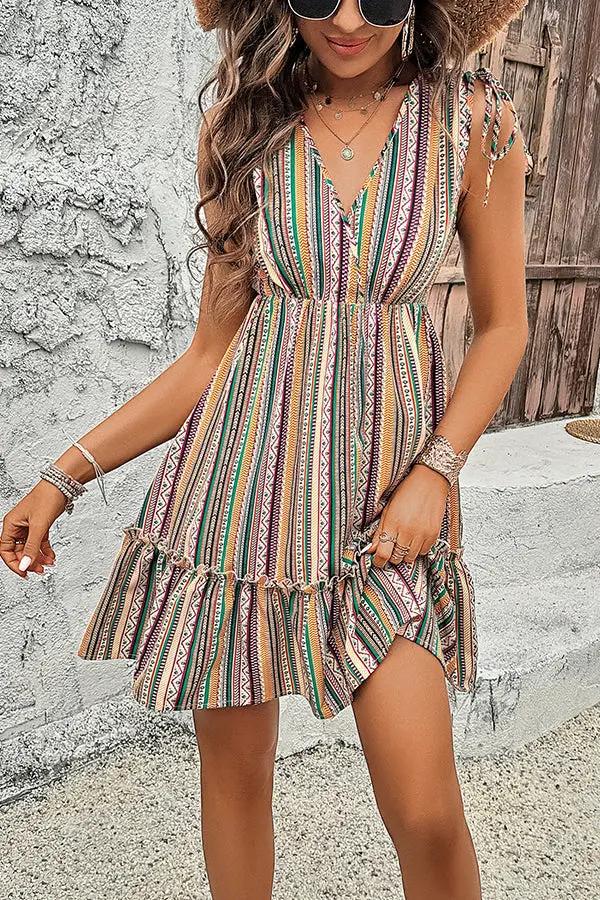 Bohemia Print V Neck Casual Dress - TARHUS