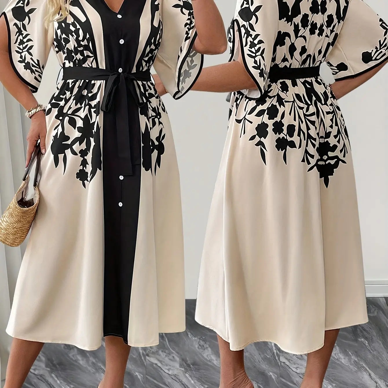 Floral Resort Dress for Women – Chic Summer Midi Dress with Tie-Belt Waist, Lightweight Vacation Outfit - TARHUS