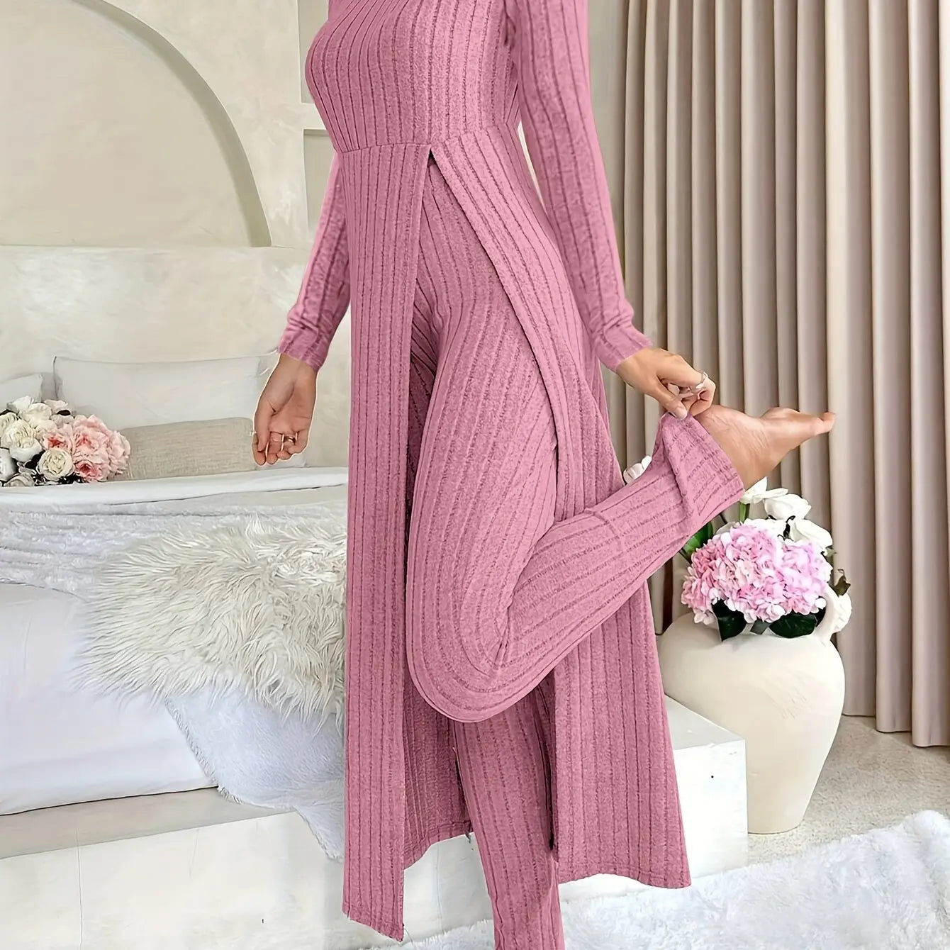 Women's Ribbed Lounge Set – Long Sleeve Top & Pants Two-Piece Outfit - TARHUS
